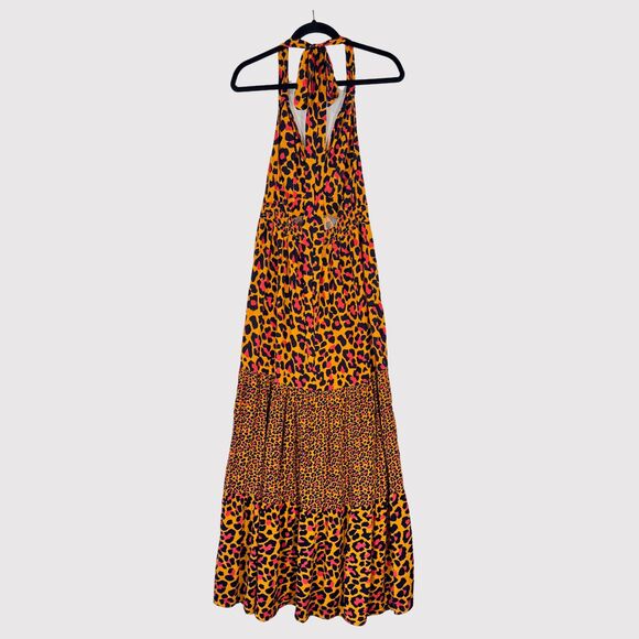 Maaji Womens Dress Orange Maxi Leopard Halter V Neck Sleeveless A Line Boho XS - Picture 3 of 10
